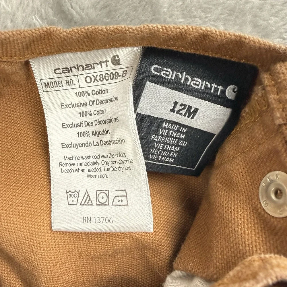 Carhartt Baby Toddler 12M Brown Duck Canvas Bib Overalls Snap Leg Workwear